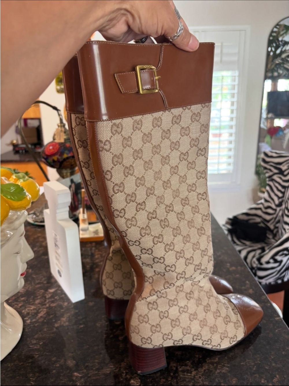 Gucci Brown & Beige GG  monogram Canvas Mid-Calf Heeled Boots